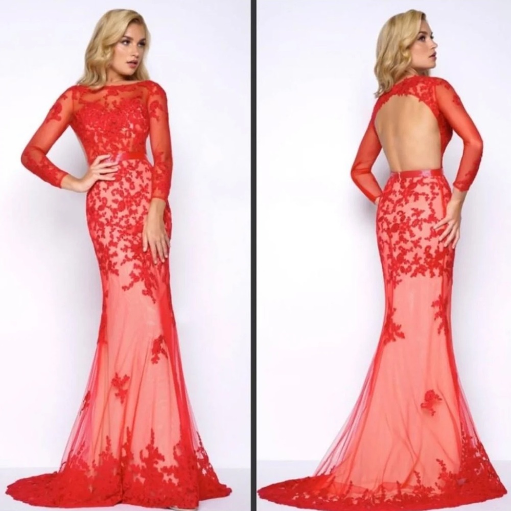 Mac Duggal Open Back Embroidered Tulle Gown Red 6